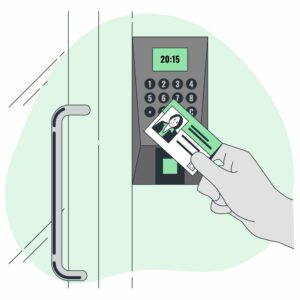 An access control system with a person using a card to enter