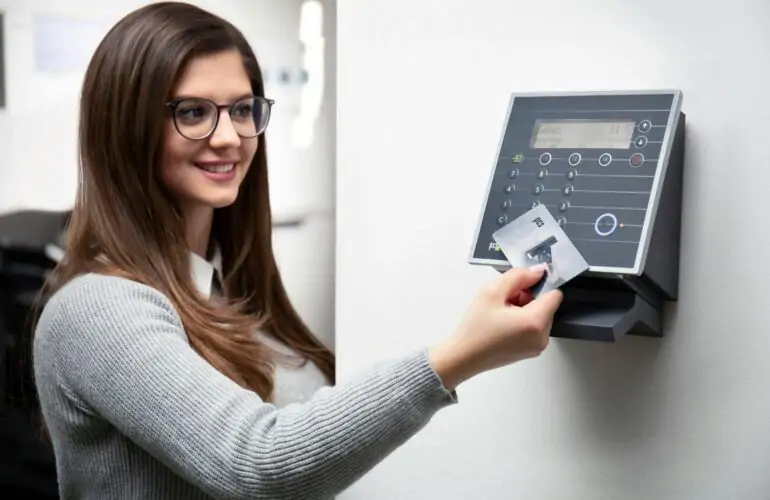 A woman using a card-based access control system for secure entry.